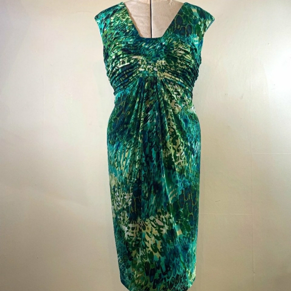 Adrianna Papell Green Watercolor Print Gathered Bust Sleeveless Midi Dress 16W